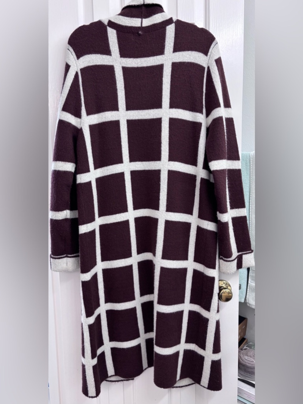 Lost + Wander Grid Plaid Open-Front Long Cardigan in Brown and Cream - SIZE M/L - Picture 13 of 14